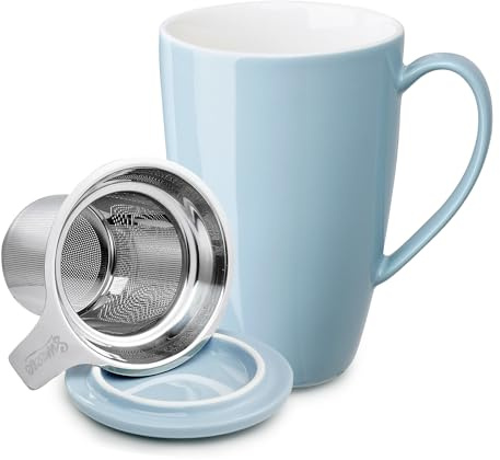 Sweese 15 OZ Porcelain Tea Mug with Infuser and Lid, Loose Leaf Tea Cup, Gifts for Tea Lover, Bluish Grey