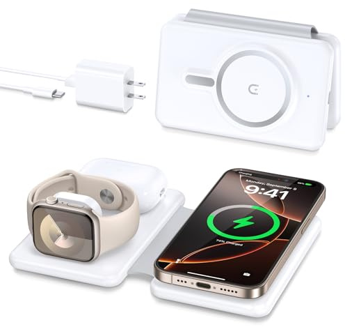 Magnetic Wireless Charger for iPhone: 3 in 1 Travel Charging Station for Apple Devices for iPhone 17 Air 16 15 14 13 12 Pro Max Plus - Foldable Charging Pad for Apple Watch Series & Airpods 4 3 2 Pro