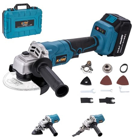 KATSU FIT-BAT 21V Brushless Cordless Angle Grinder 115mm 125mm with 3.0 Ah Battery and Charger & Oscillating Multi Tool Adapter Attachment Kits for Grinding Cutting Polishing 102618B