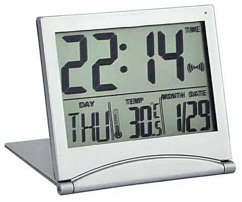 Wimony Digital LCD Travel Alarm Clock - Foldable Compact With Day, Date and Temperature Indication, Desktop Clock, Battery Powered (Silver)