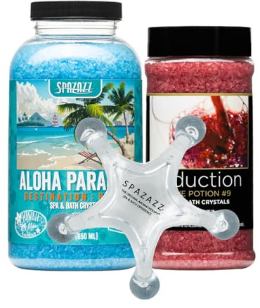Spazazz Spa Aromatherapy Crystals for Hot Tub -Couple Gift set for Valentine & Anniversaries. Love Potion #9 Seduction 17oz -Destinations Hawaii Aloha Paradise 22oz with 5 Point Full Body Massage Tool