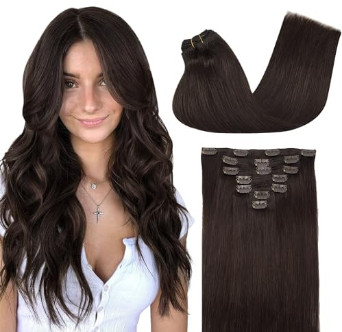 GOO GOO Clip in Human Hair Extensions, 22inch 120g 7pcs, Hair Extensions Clip in, 2A Light Brown