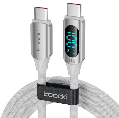 Toocki 100W USB C till USB C-kabel,2M snabbladdningskabel med LED-skärm | Nylon laddkabel, PD3.0 hållbar för iPhone 17 Pro Max MacBook Pro Air iPad Pro Air Galaxy S24 S23 Pixel switch (white)
