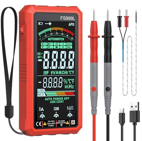 Proster Multímetro Digital TRMS Auto-Rango 6000 Cuentas Multímetro Inteligente Recargable Polimetro con Pantalla LCD a Color,Mide Voltaje,Corriente,NCV,Resistencia,Continuidad,Capacitancia, Frecuencia