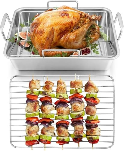 Stainless Steel Oven Trays Pan Set,Roasting Tin with Rack,Heavy Duty Baking Tray,Durable Oven Dish,Roasting Pan for Cooking, Grilling and Bakeware -Cooking Trays for Oven with Removable Grill Silver