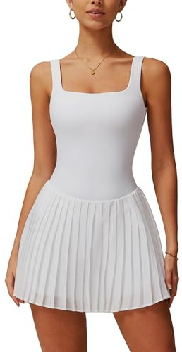 ABOCIW Womens Tennis Dress Built in Shorts & Bra Square Neck Pleated Exercise Workout Golf Athletic Dress White Large