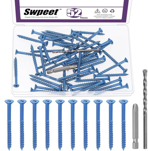 Swpeet 52 anclajes de tornillo de hormigón de cabeza plana de 3/16 x 2-1/4 pulgadas con kit surtido de puntas de destornillador y brocas, tornillos de cemento autorroscantes para anclaje a bloques de