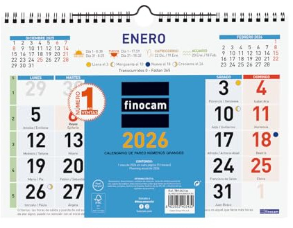 Finocam - Väggkalender stora siffror 2026 månadsvy januari - december (12 månader) | kalender 2026 | färg månadsplanerare - spanska