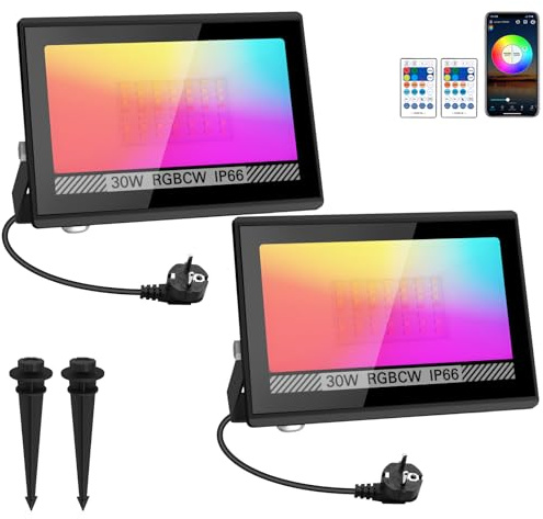 Foco LED RGB 30W 2 Piezas Luce LED Exterior Colores Proyector Con APP Bluetooth y Mando a Distancia IP66 Floodlight 16 Millones de Colores Sinc Musical Luz Navidad Exterior para Fiestas Jardín Terraza