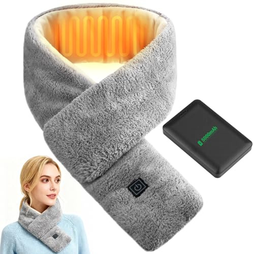 TUT Heated Scarf for Women Men, USB Heated Neck Scarf with 5000mAh Power Bank, Rechargeable Neck Heat Pad for Pain Relief, Heated Neck Warmer with 3 Heat Settings for Skiing Camping Hiking (Grey)