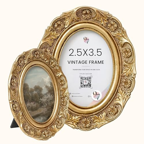97 Decor Small Vintage Picture Frames 2.5x3.5 - Oval 2.5 x 3.5 Picture Frames For Wallet Size Pictures, Antique Gold Frame 2.5x3.5 For Tabletop and Wall Mounting, Small Ornate Frame Vintage Wall Decor