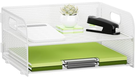 Volmop 2 Tier Metal Mesh Desk File Organizer, Letter and Paper Tray with Handle, Non-Slip Base for Office School Supplies, White