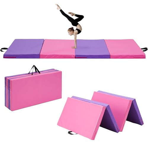 Outdoor Basic 6'x3'x1'' Gymnastics Mats Portable 4-Fold Tumbling Mat Thick Yoga Mat with PU Leather & Carry Handle for Home Workout, Yoga, MMA Core Training, Pilates (Purple/Pink, 6' x 3' x 1)