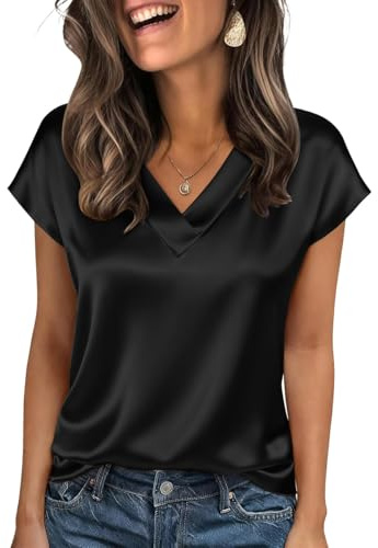 Onsoyours Camicia da Donna Elegante in Raso di Seta Camicetta a Maniche Corte con Scollo a V Blusa Basic Tinta Unita Tops A Nero M