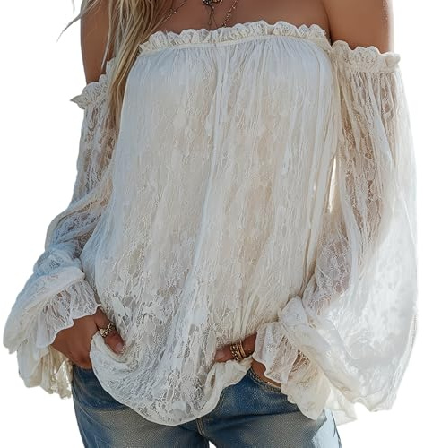 Women's Bohemian Off Shoulder Lace Top, Sheer Flowy Lantern Sleeve Blouse, Romantic Boho Summer Shirt Retro Western (M) White