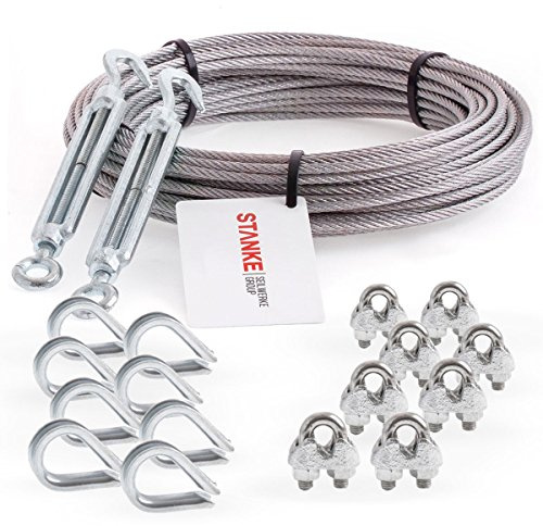 Seilwerk Câble d’acier inoxydable V4A, 20m, diamètre 5mm 7x7, 2x Tendeur M8 Œil-Crochet en acier galvanisé, 8x Cosse-Cœur V4A, 8x Serre-Câble à étrier V4A - SET 5