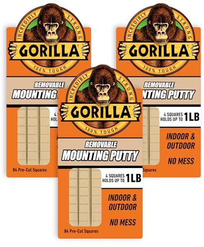 Gorilla Mounting Putty, Natural Tan Color, 84 Pre-Cut Squares (Pack of 3) - Non-Toxic Removable & Repositionable Wall Putty