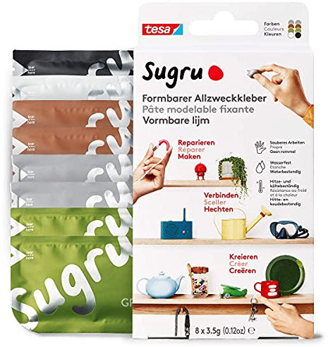 Sugru by tesa - Formbarer Allzweckkleber, 8er-Pack, 8 x 3,5 g, Schwarz, Weiß, Grün, Braun & Grau - vielseitige Klebeknete - zum Reparieren, Kleben und zum Befestigen ohne Bohren