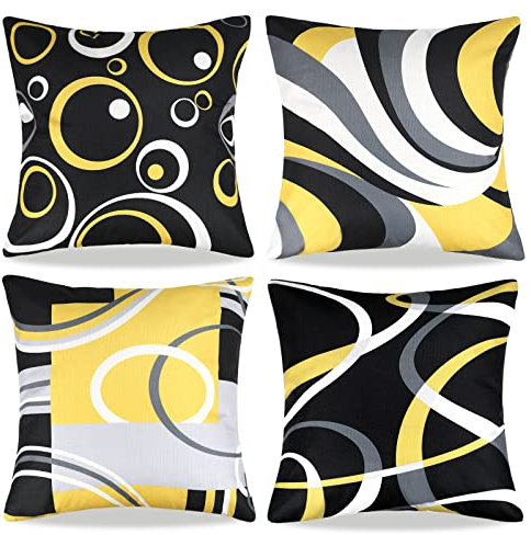 Kissenbezug 40x40 Dekokissen Gelb Schwarz Kissenhülle Abstraktes Sofakissen Moderner Geometrischer Zierkissen Streifen Kunst Quadrat Winter Outdoor Kissen Für Sofa Home Dekor Schlafzimmer 4er Set