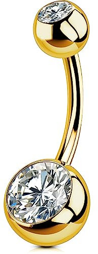OUFER 14G Bauchnabelpiercing Titan Gold 10 mm Stablänge Piercing Bauchnabel Lang CZ Kugeln Titanium Belly Button Piercing Navel Bars 1.6mm Nabelring Frau Mann Geschenk Schmuck
