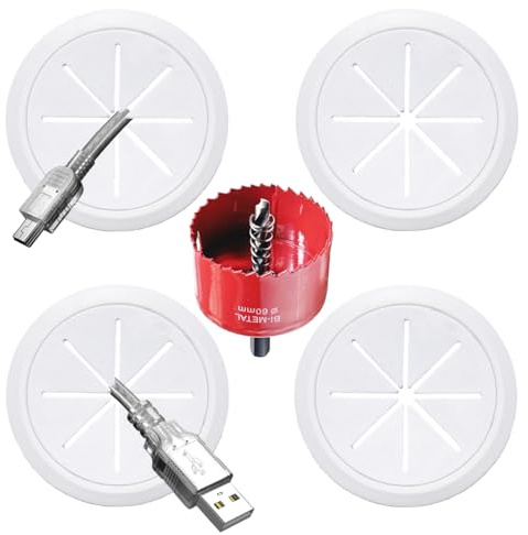 4 Pack TV Cord Hider for Wall Mounted TV, 2-3/8(60mm Hole) Wire Hider in Wall Cable Management Kit, Includes 4 Pass Throughs and 1 Hole Saw Drill Attachment Easy to Install