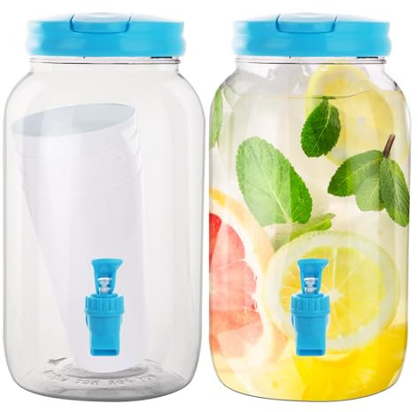 ZOFUN 2 Pcs Drink Dispenser with Tap, 3.8 L Juice Jugs for Parties, 14.8 x 26 cm Water Jug with Tap & 600 ML Cups, Blue Plastic Water Dispenser with Tap for Cocktails, Juice, Water, Beverages