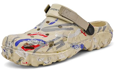 FLIOZY Mens Camouflage Printed Garden Clogs Slip On Water Shoes with Adjustable Back Strap – Lightweight Outdoor EVA Rubber Mules for Beach, Pool, Yard, and Summer Hiking Khaki 47