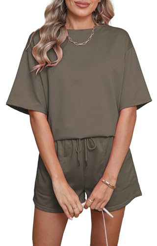 Famulily Lounge Wear Set for Women UK 2 Piece Summer Outfits Plain Short Sleeve Loose Track Suit with Drawstring Coffee L