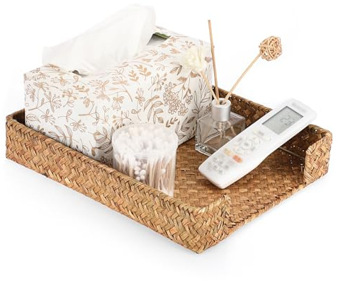 BTSKY Multipurpose A4 File Tray Natural Seagrass Desk Tray Organizer Woven Letter Size Desk Documents Trays Magazine Files Storage Basket Organizer Bin for Office Cosmetics Bathroom, Caramel