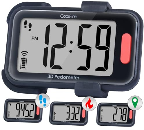CoolFire Per interni ed esterni, contapassi per passi e miglia, calorie, contapassi per camminare, semplice clip 3D per donne, display grande, ripristino automatico, app opzionale PD-BK