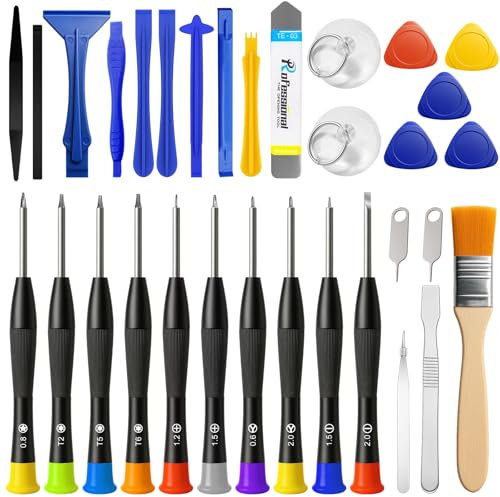 Richunie Set di 30 Kit Reparation Telephone,10 visseuses de précision, 11 outils à levier ouvert (métal/plastique), 5 triangles, 2 ventouses, 2 extracteurs de cartes, 1 brosse, 1 pince à épiler