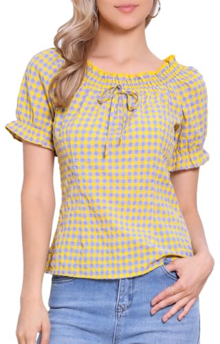 Allegra K Mujer Blusa Campesina Cuadros Escoceses Mangas Abullonadas