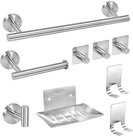 Yesaler Juego de Accesorios de Baño de 9 Piezas Acero Inoxidable 40cm Toallero Bar Soporte de Papel Higiénico Gancho para Bata de Toalla Soporte de Jabón (Plata)