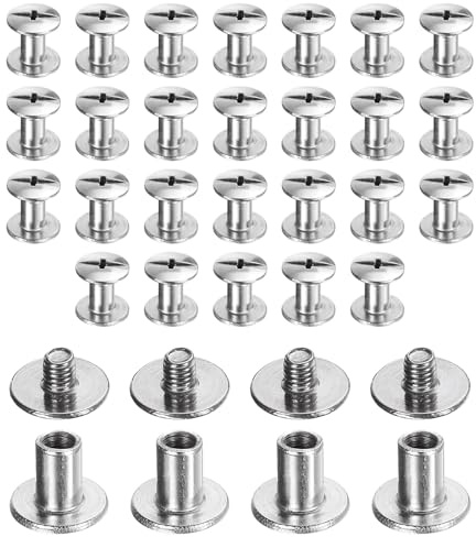 sourcing map 30set Chicago Screw M3x6mm 3mm Length Metal Phillips Nail Rivet Stud Bolts Rivets Binding Post Screw for DIY Leather Belt Bag Craft Bookbinding, Silver