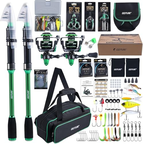 Goture Angelset Komplett (24T Carbon), 2 Teleskop-Brandungsrute aus Kohlefaser & Spinnrolle mit 9+1 gekapselten Kugellagern, inkl. Angelwerkzeuge, Rollentasche - Professionelles Angeln im Salzwasser