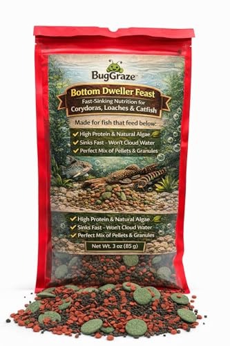 BugGraze Bottom Dweller Feast 3-in-1 Sinking Pellets, Wafers & Granules for Corydoras, Plecos & Loaches – Complete Aquarium Fish Diet – Clean Feeding, High Protein & Algae Blend – 3 oz