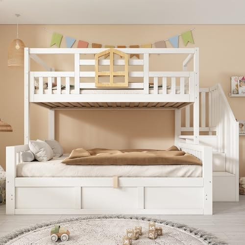 Merax Double Bunk Bed,Children's triple sleeper Bunk beds,with Storage Stair&under Hydraulic Storage&wooden window design&Fall Protection and Railings, White&Natural(90+135) x190cm