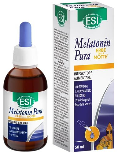 ESI - Melatonin Pura con Erbe della Notte, Integratore Alimentare in Gocce con Melatonina, Passiflora, Biancospino e Camomilla, Favorisce il Sonno, Senza Glutine e Vegan, Gusto Arancia, 50 ml