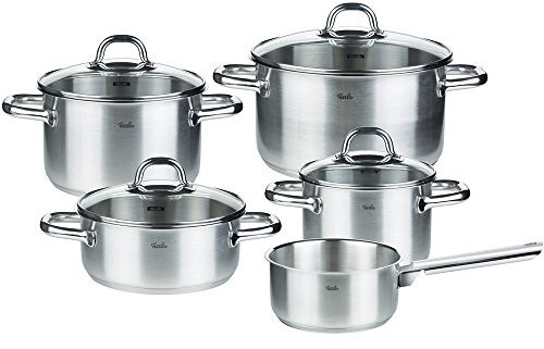 Fissler Korfu/Edelstahl-Topfset, 5-teilig, Kochtopf-Set, Töpfe mit Glas-Deckel (3 Kochtöpfe, 1 Bratentopf, 1 Stielkasserolle-deckellos) - Induktion