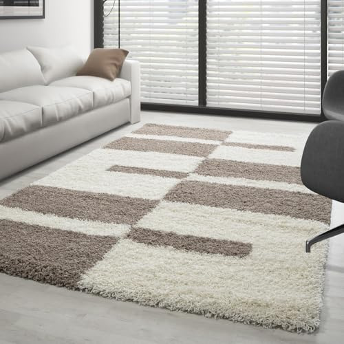 Carpettex Hochflor Teppich Wohnzimmer Shaggy Flokati Modern Kariert Design 160 x 230 cm Beige - Schlafzimmer Weich Flauschig Waschbar - Küche Esszimmer Langflor Teppiche