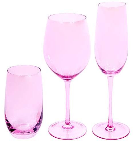 EME Juego de Copas de Cristal en Color Rosa compuesto por 6 copas de cava, 6 copas de vino y 6 vasos. El pack incluye 18 unidades. El color forma parte del material.