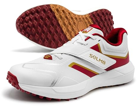 SOLM8 S4 Cricket Shoes for Men & Women - FlexSkin Seamless Upper, Diagonal Strap, Wider Toe Box with Advanced Cushioning for Turf & Field Sports Maroon Gold