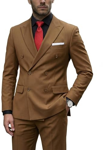 YND Men's 2 Piece Suit, Double Breasted Slim Fit Jacket Pants Set and Tie, Party Prom Dinner Wedding Blazer Tuxedo & Trousers, Khaki