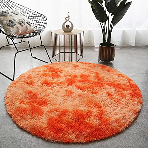 OUJIE Bunte Batik-Teppiche Waschbarer Teppich Schlafzimmer Runde orange Shaggy Teppich Durchmesser 120cm Moderne Wohnkultur Schlafzimmer Wohnzimmer Balkon Flauschiger Hochflor Teppich