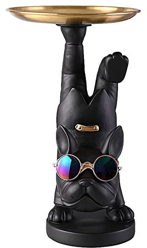 Vinbcorw Französische Bulldogge Figur mit tablett Edelstahl,Tischdekoration skulptur deko,schlüssel Schale Statue Kleinteile, Behälter, obstschale,Schlüsselbonbons Organizer,Schwarz,A
