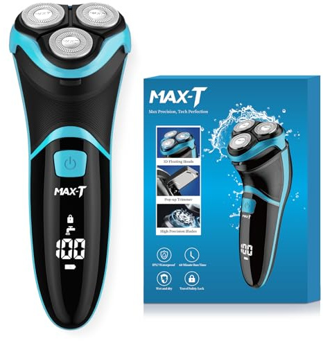 MAX-T Rasoio elettrico da uomo, rasoio elettrico con custodia da viaggio, rasoio a umido e a secco con rifinitore pop-up, rasoio 3D, rasoio rotante impermeabile IPX7 da uomo