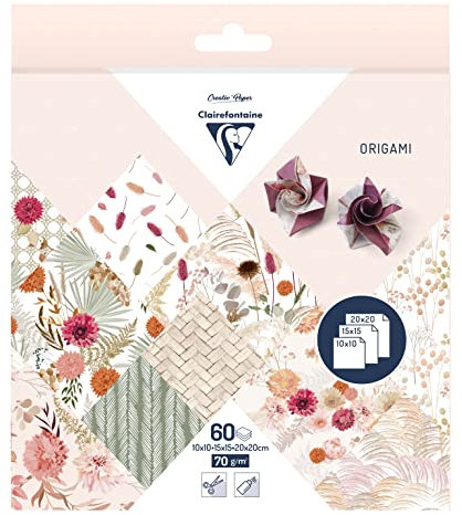 Clairefontaine 95371C - Packung mit 60 Blatt Origami, 70g, 3 Formate (10x10cm, 15x15cm, 20x20cm), Trockenblumen, 1 Pack
