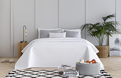 Todocama - Copriletto trapuntato sottile con motivo a rombo, per primavera, estate, autunno e inverno, 100% microfibra extra morbido, Copriletto multiuso, Letto 80/90 - 180x260cm, Bianco