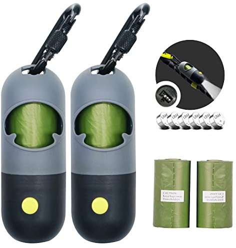 Morn Light 2 Pack Poop Bag Holder with Flashlight Waste Bag Dispenser for Leash with Clip and Battery Poop Bag Dispenser with Green Scented Poop Bags for Dog Walking(Black,2 Dispenser 60 Bags)