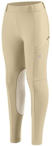 SANTINY Girls Horse Riding Pants with Zipper Pockets Kids Stretchy Equestrian Breeches Knee-Patch Youth Schooling Tights (Dusty Khaki_XS)